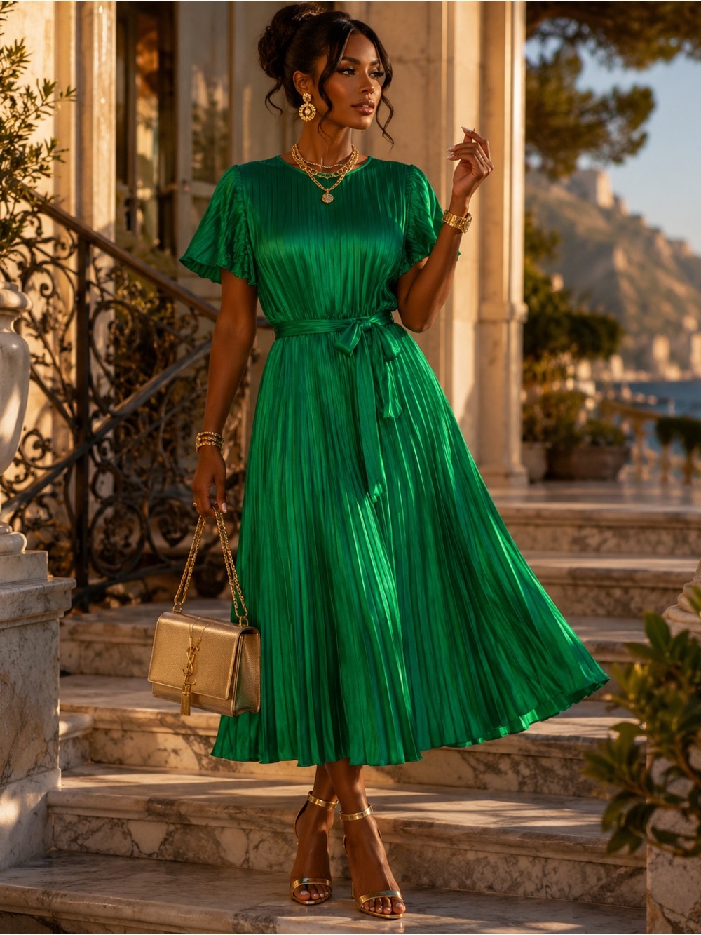 DKNY Emerald Green Plissé Satin Pleated Midi Dress Belted Women’s Size 12